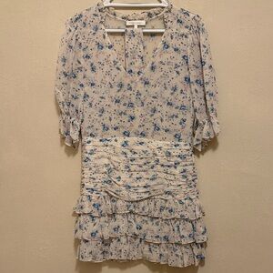 LoveShackFancy Floral Mini Dress in Blue and Cream